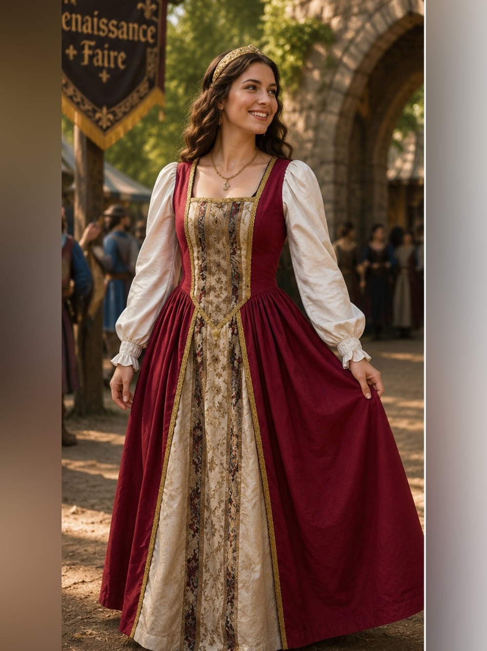 Handmade Renaissance Faire Medieval Gown Dress Burgundy Cream Costume Cosplay
